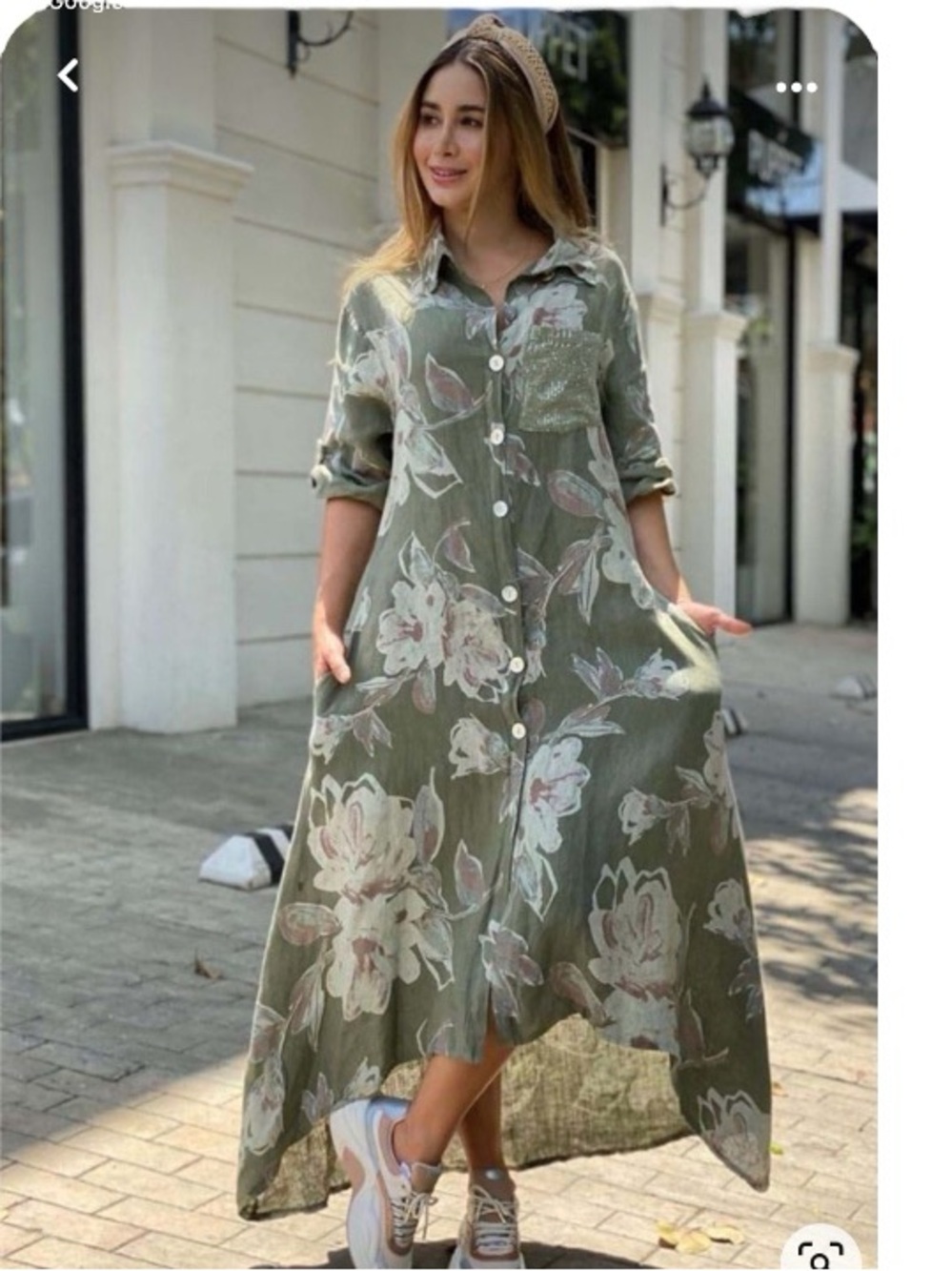 Venti6 Italy 100% Linen Floral Shirt Dress Sage Green Lagenlook Maxi Medium